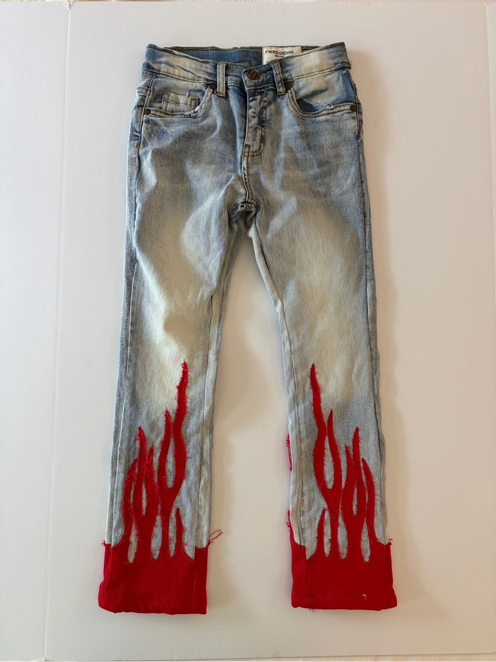FWD Denim Live Fast Boys Jeans Size 7 Slim Fit Red Flames Cool Rocker Style